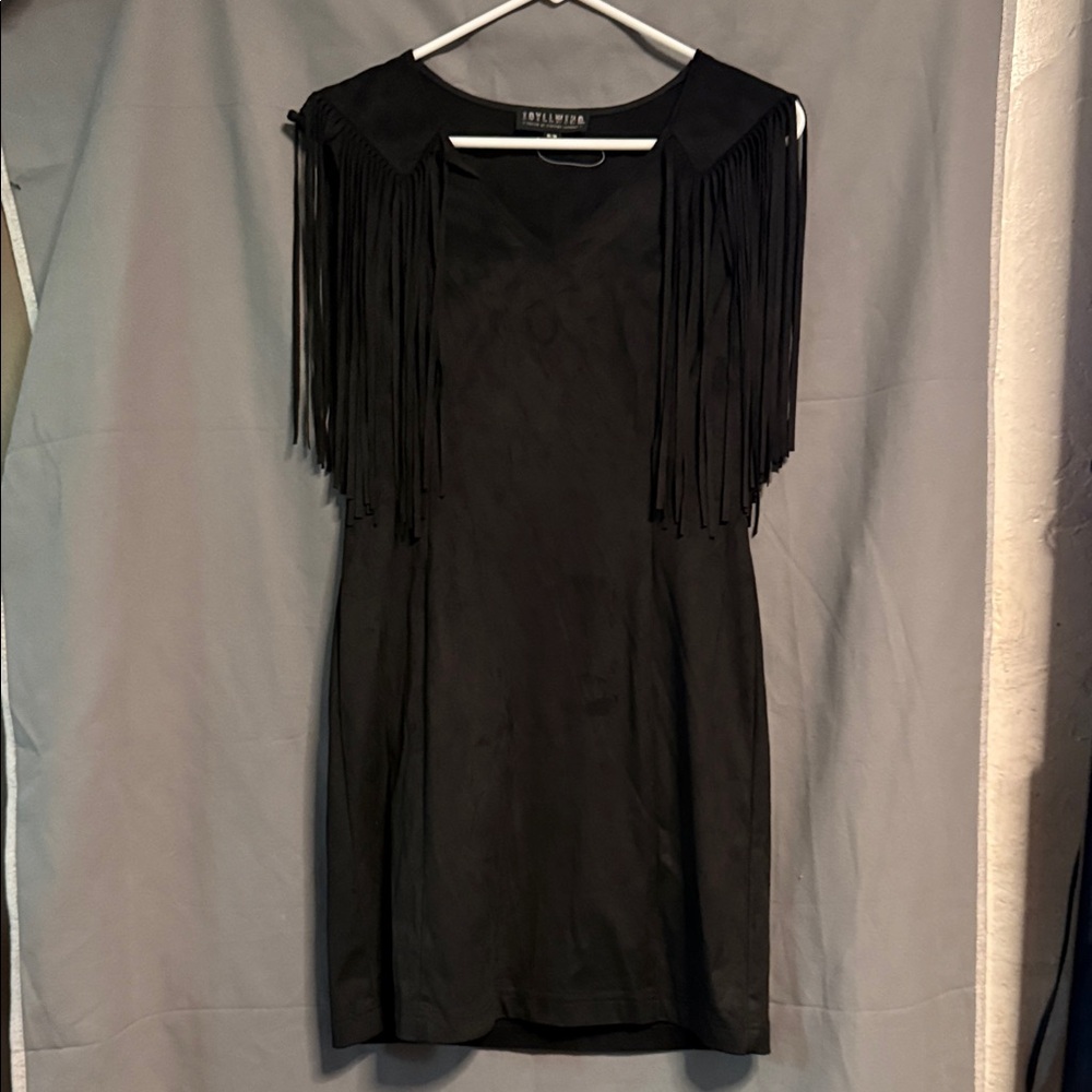 Idyllwind Black Mini Dress with Fringe Shoulders